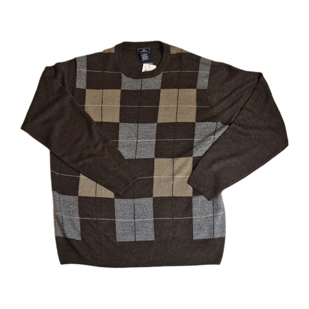 Dockers Mens Sweater Size L Mink Brown Plaid Check Crew Neck Long Sleeve NWT